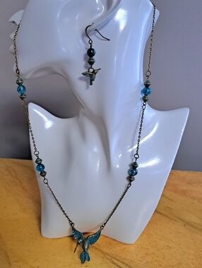 Turquoise Crystal & Patina Hummingbird Pendant Necklace, Matching Earrings